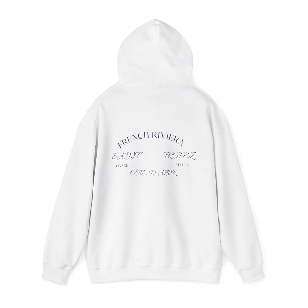 Minimalist White Hoodie with Subtle Script Back Print - 'French Riviera' Design