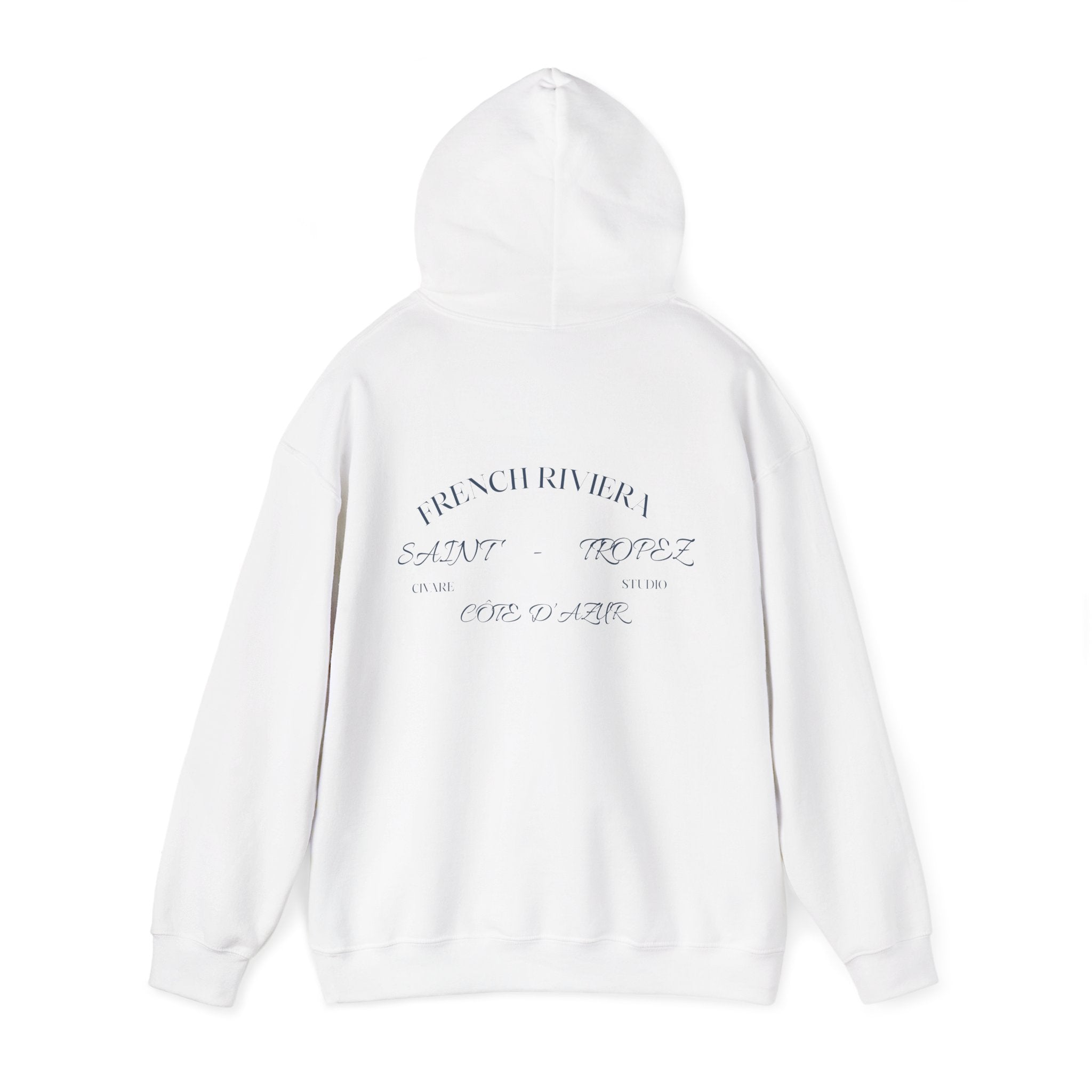 Minimalist White Hoodie with Subtle Script Back Print - 'French Riviera' Design