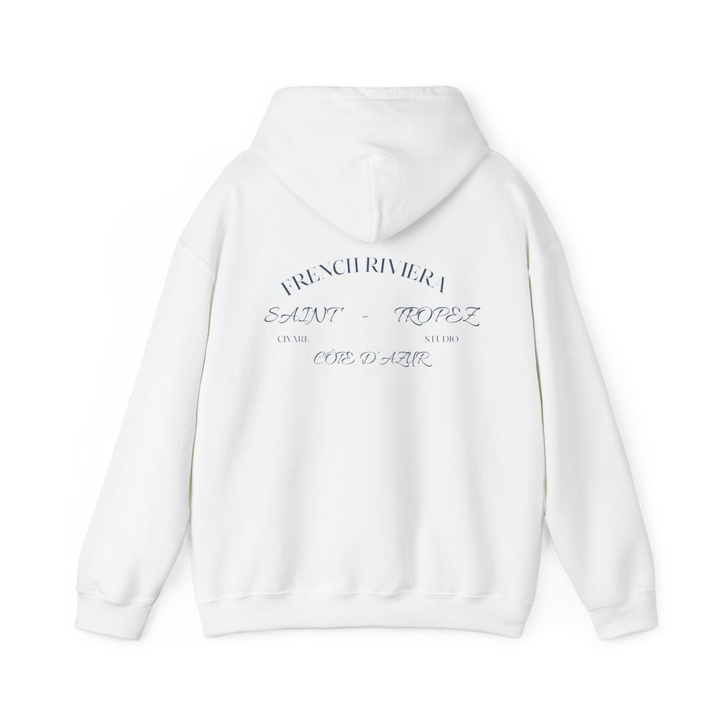 Minimalist White Hoodie with Subtle Script Back Print - 'French Riviera' Design