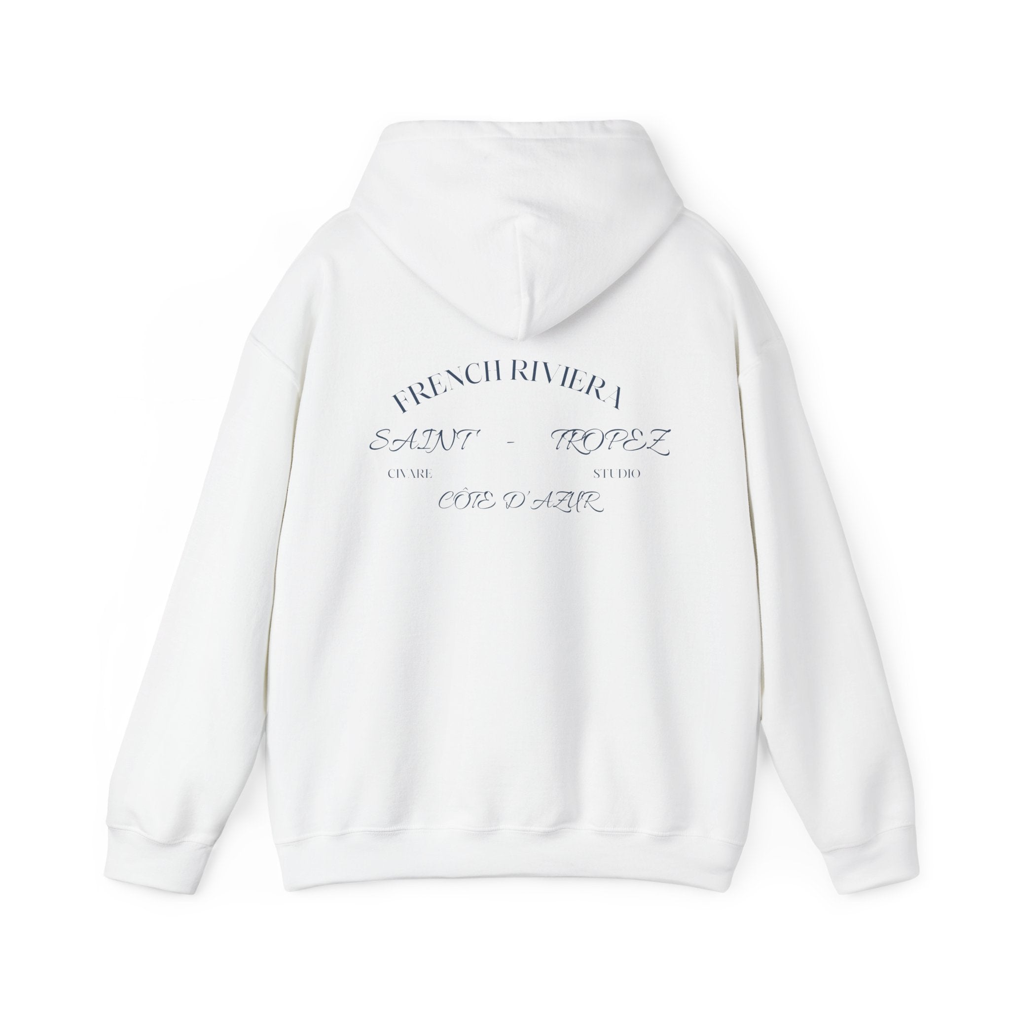Minimalist White Hoodie with Subtle Script Back Print - 'French Riviera' Design